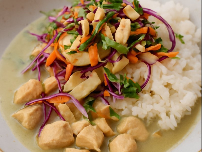 Curry verde de pollo con arroz jazmín, anacardos y hojas verdes