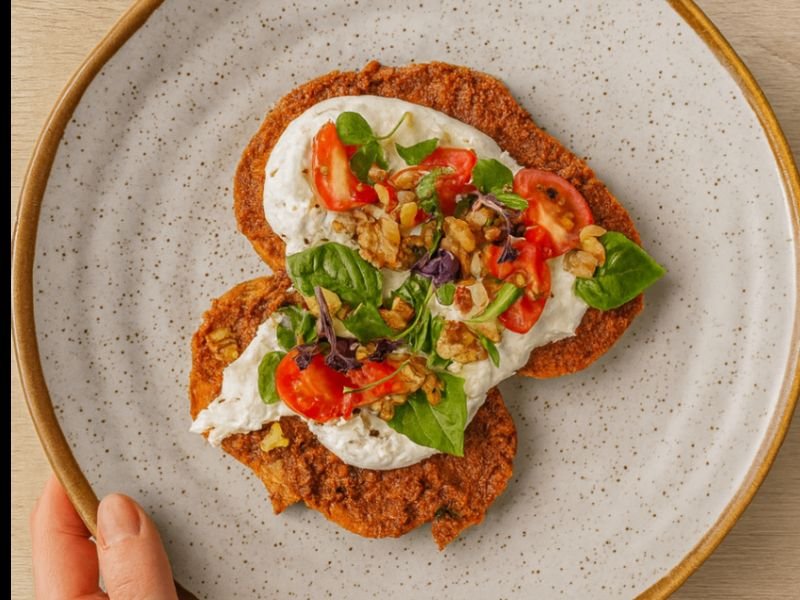 Tostada mediterránea con burrata, pesto rojo y tomate cherry